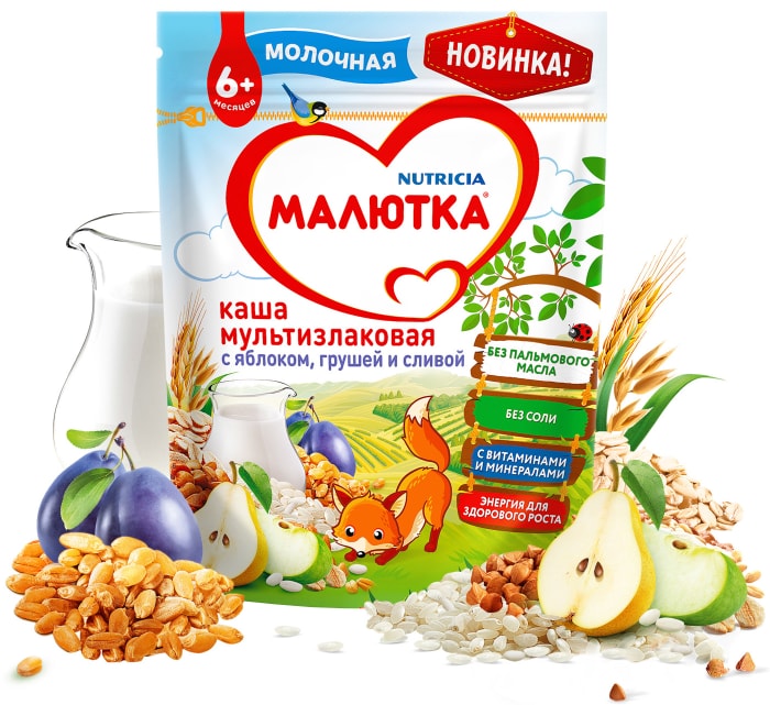 

Каша Малютка многозерновая молочная с яблоком, грушей и сливой с 6 месяцев 220 г
