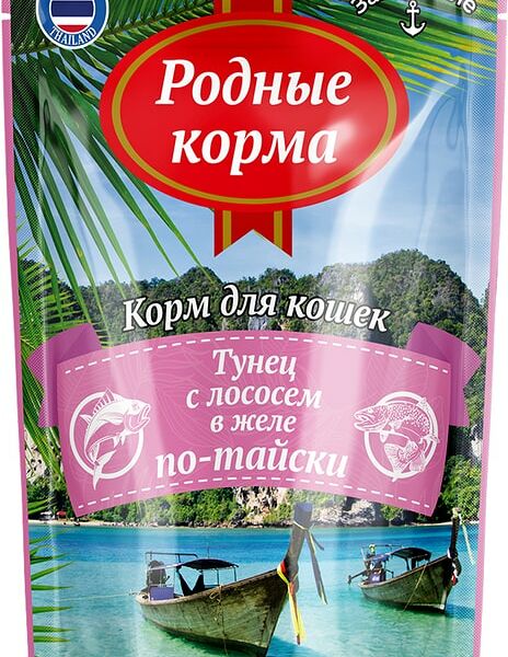 Влажный корм для кошек Родные корма Заморские Тунец с лососем в желе по-тайски 70г