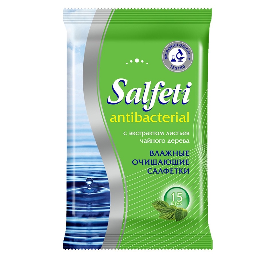 

Салфетки влажные Salfeti Antibacterial с экстрактом листьев чайного дерева 15 шт