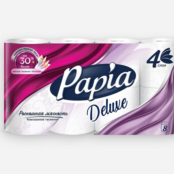 Бумага туалетная Papia Deluxe белая 4 слоя 8 рулонов