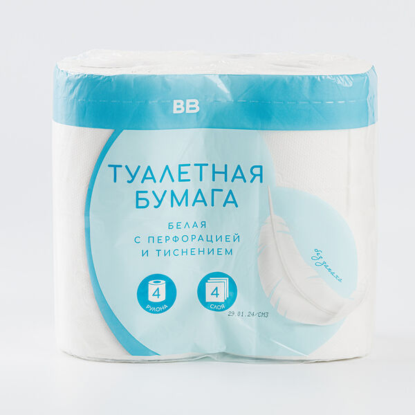 Туалетная бумага 4 слоя белая, 4 рулона