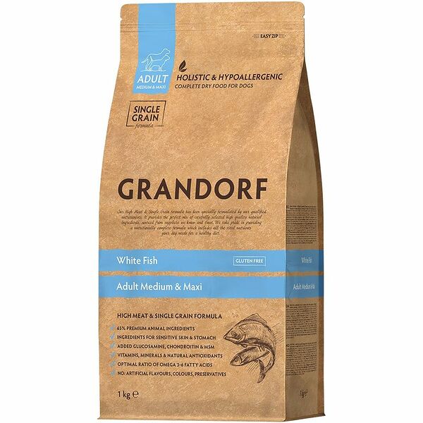 Сухой корм Grandorf Adult Medium&Maxi для взрослых собак средних и крупных пород белая рыба 1 кг