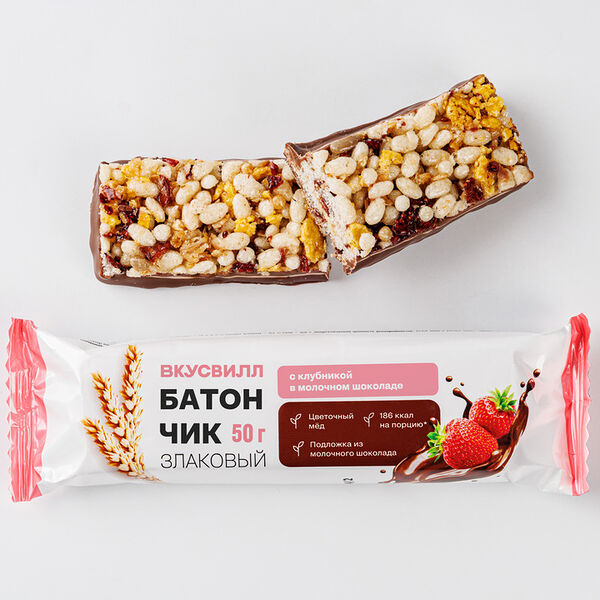 Батончик злаковый с клубникой в молочном шоколаде 50 г
