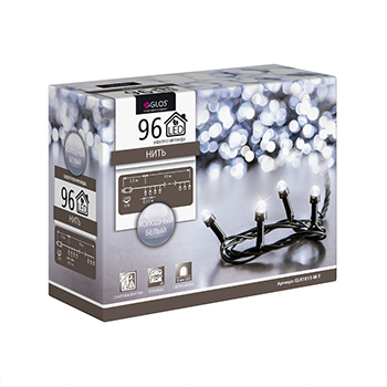 

Электрогирлянда Glos нить для помещений и улицы 10м, 96 LED, белый холодный от сети, 380г