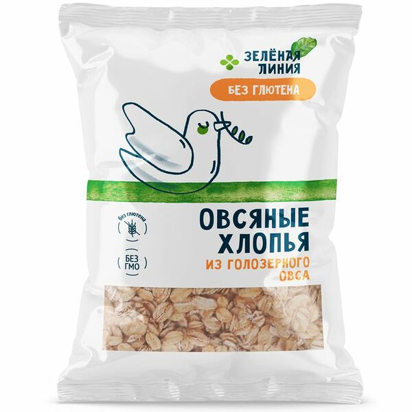 Хлопья овсяные из голозёрного овса Зелёная Линия, 375г