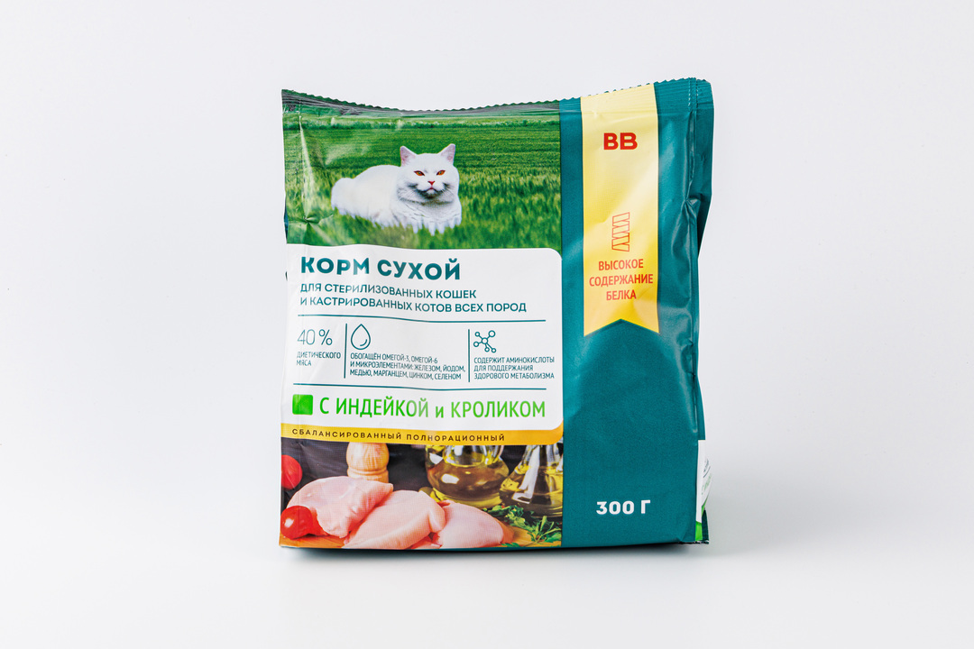 

Корм сухой для кошек ВкусВилл для стерилизованных и кастрированных индейка и кролик 300 г