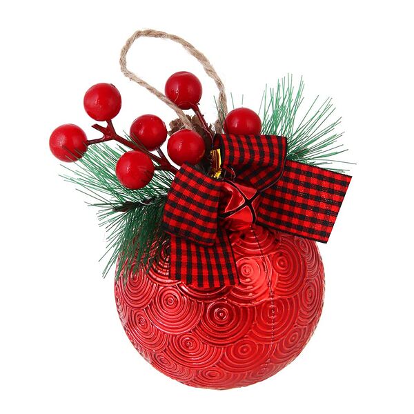 Сноу бум шар 8 см, красный с лентой в клетку, пластик, 1 шт