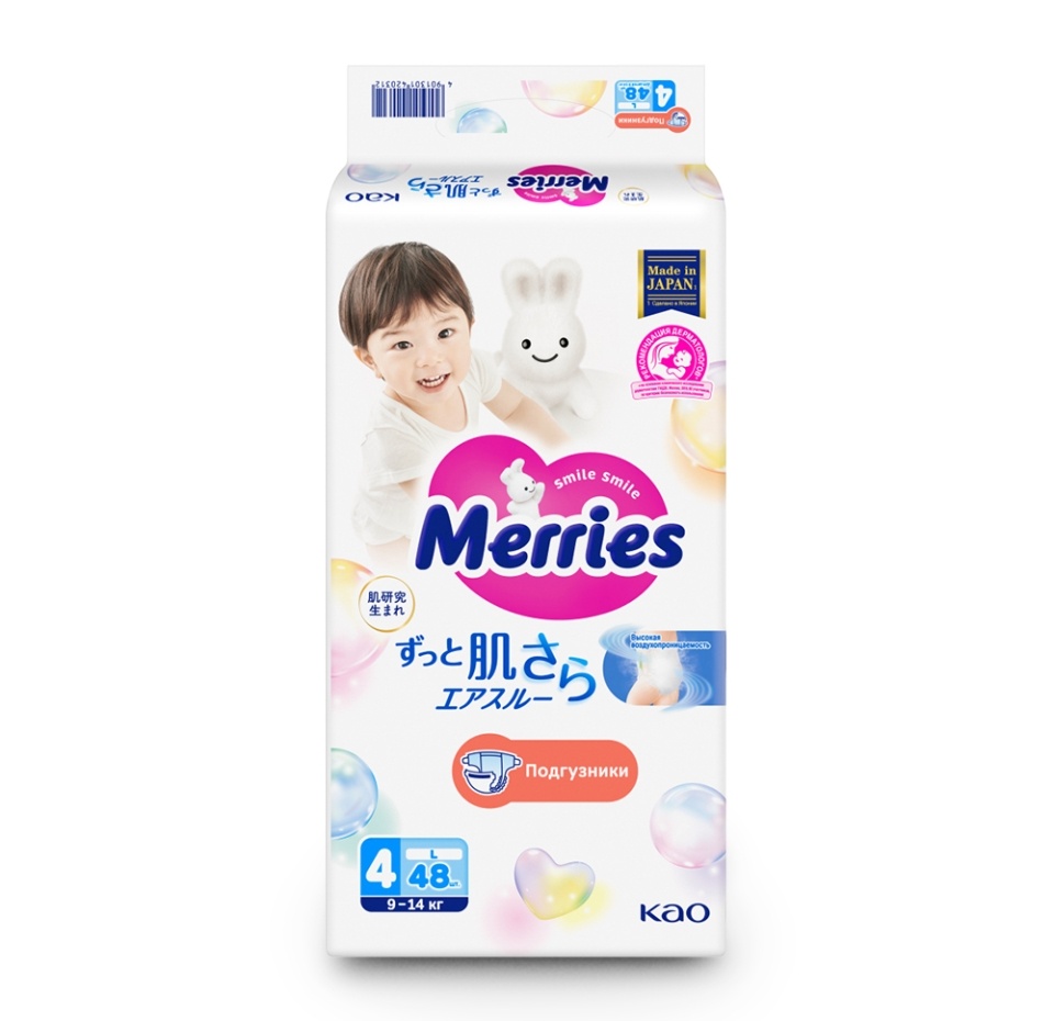 

Подгузники Merries для детей 9-14 кг размер L 48 шт.