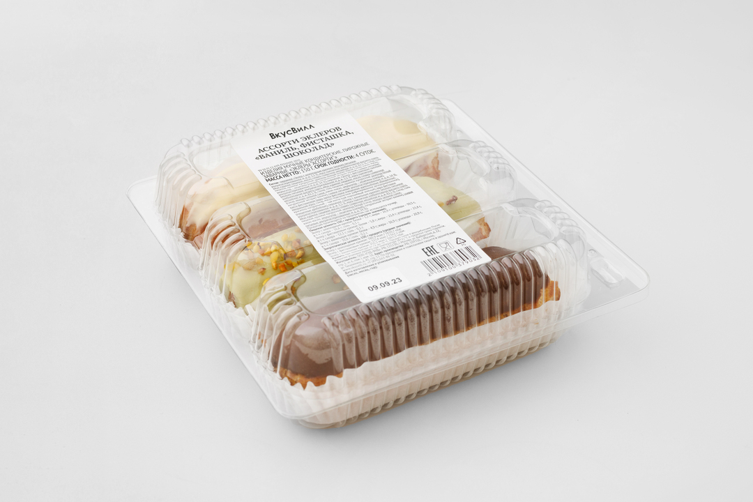 

Ассорти эклеров ВкусВилл Ваниль, Фисташка, Шоколад 150 г