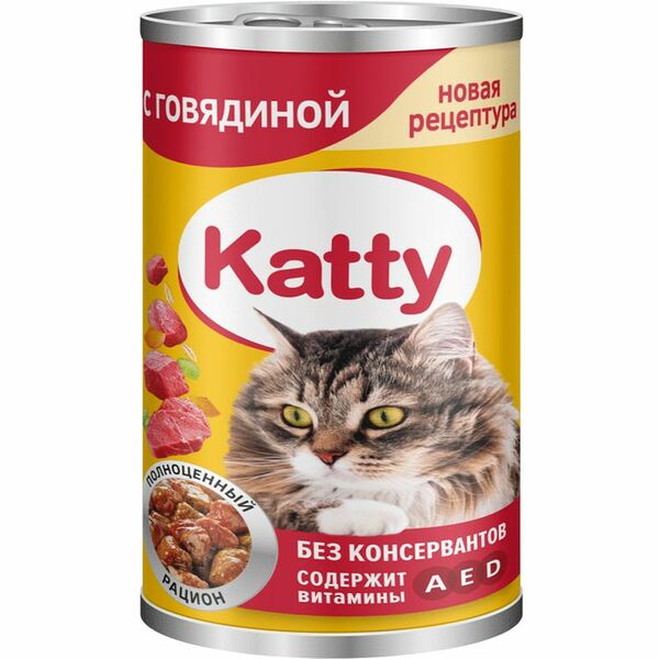 Корм влажный Katty с говядиной для взрослых кошек 415г