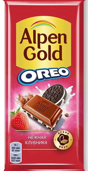 Шоколад Alpen Gold Нежная клубника Молочный с клубничной начинкой и печеньем Орео 85г