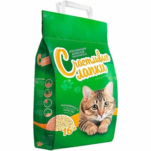 Счастливые лапки Впитывающий древесный наполнитель 16 л