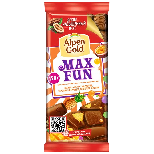 Шоколад мол Альпен Гольд МаксФан с фрукт кусоч со вк манго ананаса маракуйи с шипуч рис шар и взрыв карам 150г