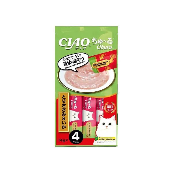 Лакомство-пюре для кошек Ciao Churu Куриное филе и кальмар 4шт х 14г