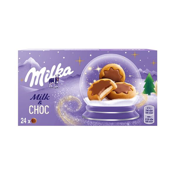 Печенье Milka Milk & Choc с молочной начинкой, частично покрытое молочным шоколадом 150 г