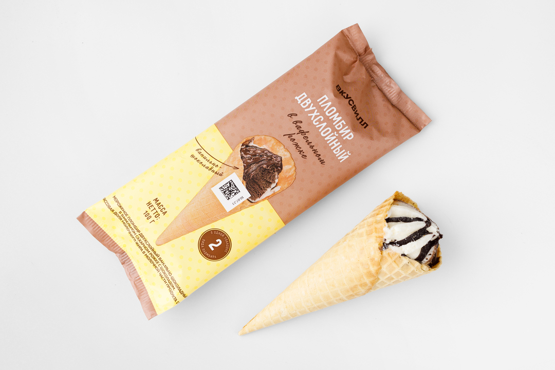 

Пломбир двухслойный ванильно-шоколадный в рожке ВкусВилл 100 г