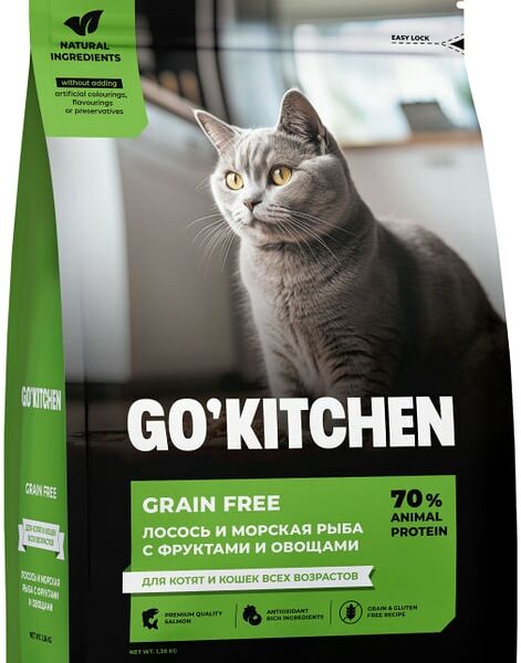 Сухой корм для котят и кошек Go Kitchen беззерновой для всех возрастов с лососем и морской рыбой 7.26кг