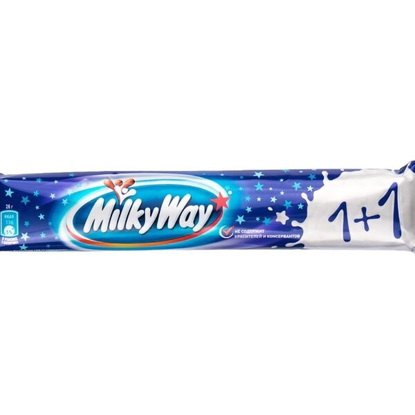 Milky Way 1+1 шоколадный батончик с суфле, 52г