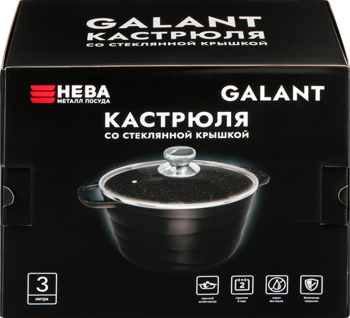 

Кастрюля Нева металл посуда Galant, литой алюминий, стеклянная крышка, 3 л