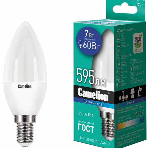 Лампа светодиодная Camelion E14 6000К свеча, 7 Вт