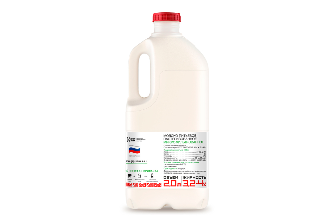 

Молоко пастеризованное Правильное молоко 3.2-4% 2 л