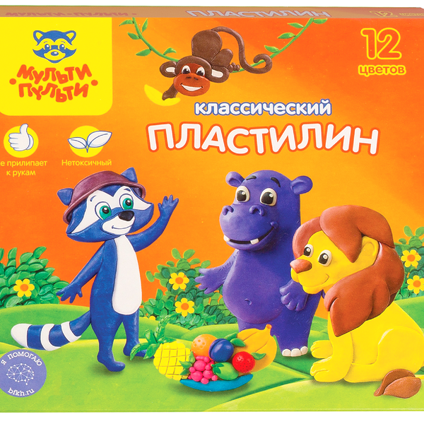 Пластилин со стеком Приключения Енота 12 цветов ТМ Мульти-пульти