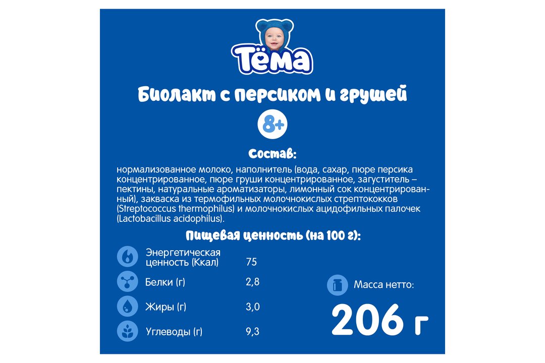 

Биолакт детский Тёма персик-груша 3%, без змж, 206 г
