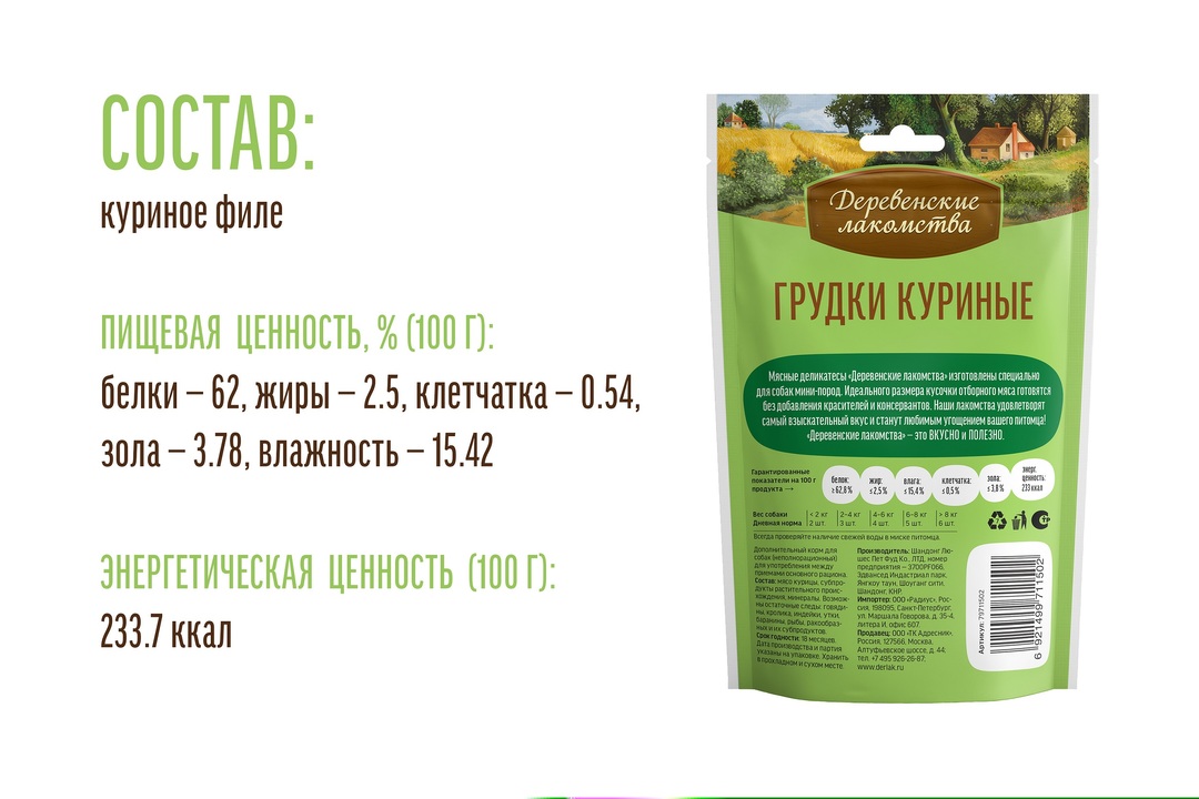 

Лакомство для собак Деревенские лакомства грудки куриные 55 г