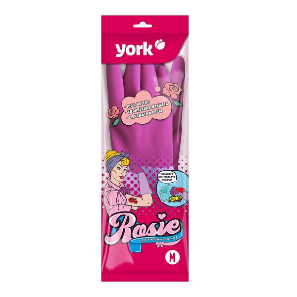 Перчатки латексные York Рози, размер М, удлиненная манжета, ароматизированные, 1 пара
