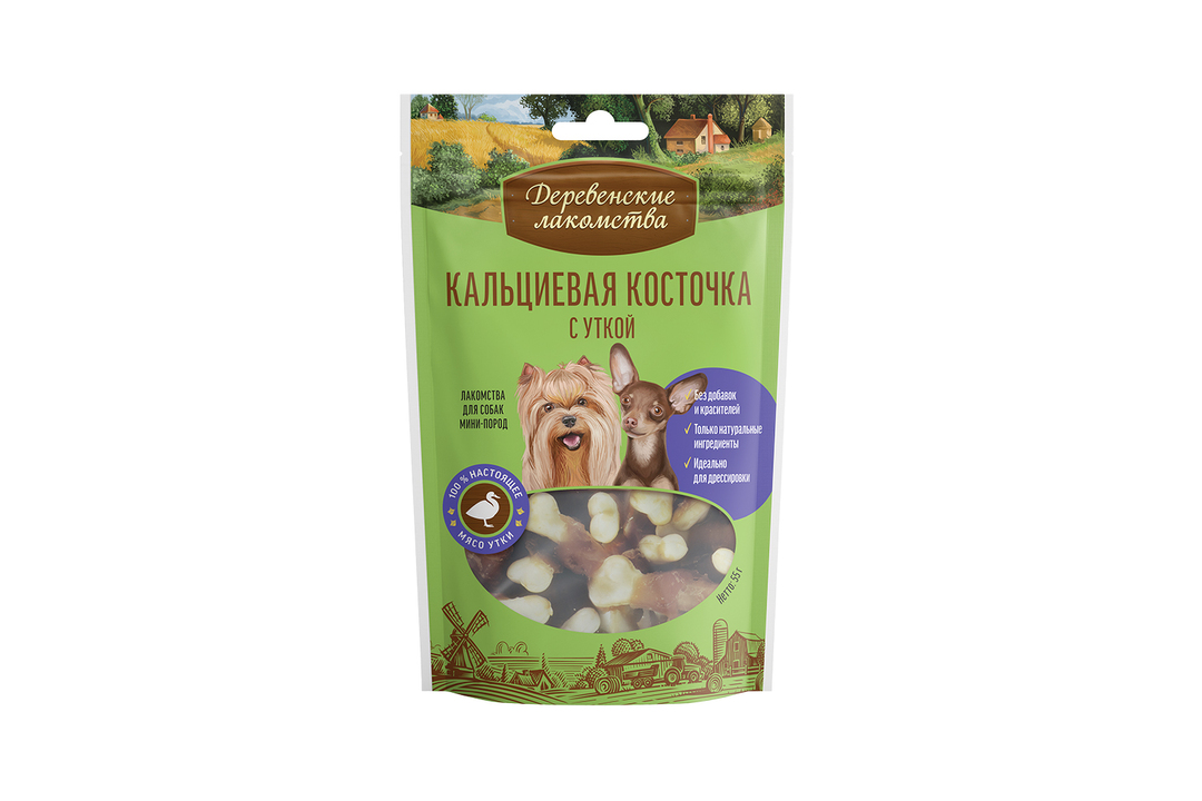 

Лакомство для собак Деревенские лакомства Кальциевая косточка с уткой для мини-пород 55 г