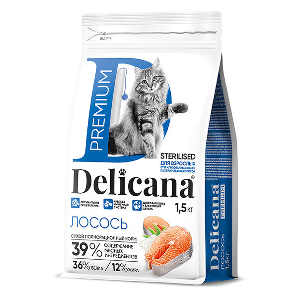 Корм Delicana для стерилизованных кошек с лососем 1.5 кг