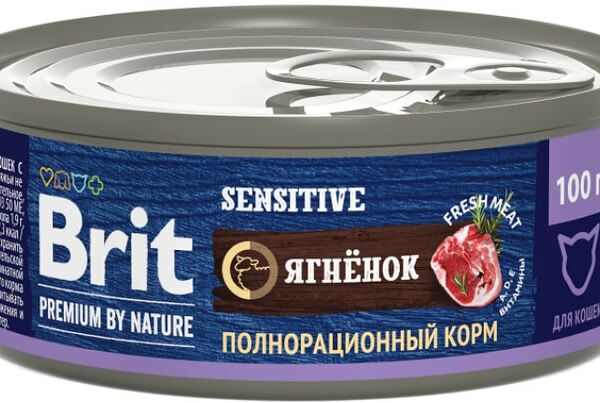 Влажный корм для кошек Brit Premium by Nature с мясом ягненка при чувствительном пищеварении 100г