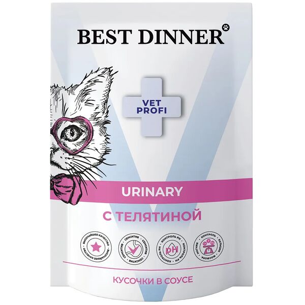 Best Dinner Exclusive Vet Profi Urinary диетические паучи для взрослых кошек для профилактики мочекаменной болезни, с телятиной, кусочки в соусе 85 г