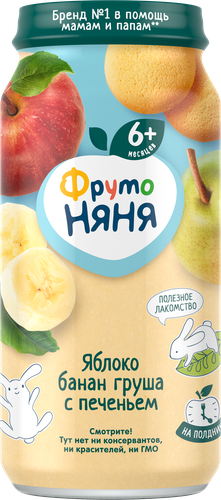 

Пюре фруктовое ФрутоНяня Яблоко, банан, груша с печеньем, с 6 месяцев 250 г