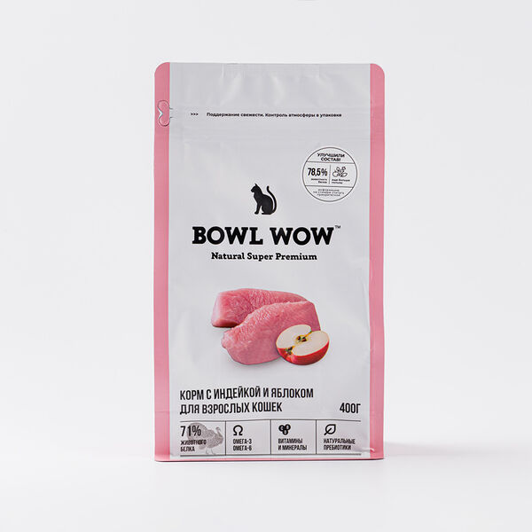 Корм сухой для кошек Bowl Wow с индейкой, курицей и добавлением яблока, 400г