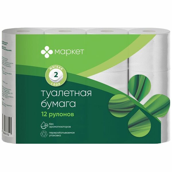 Бумага белая туалетная неароматизированная 2 слоя Маркет, 12 шт