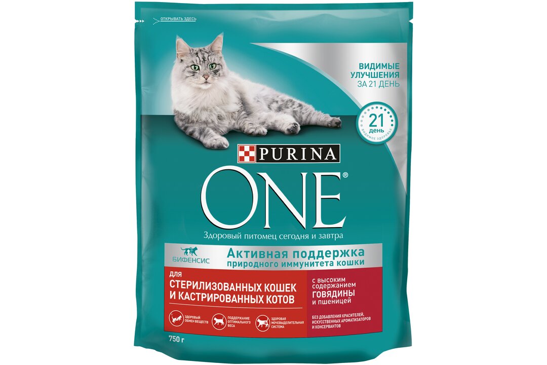 

Сухой корм Purina One для стерилизованных кошек и кастрированных котов с высоким содержанием говядины и пшеницей пакет 750 г