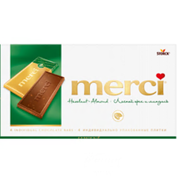 Шоколад молочный Merci с дроблёным лесным орехом и миндалём,100 г