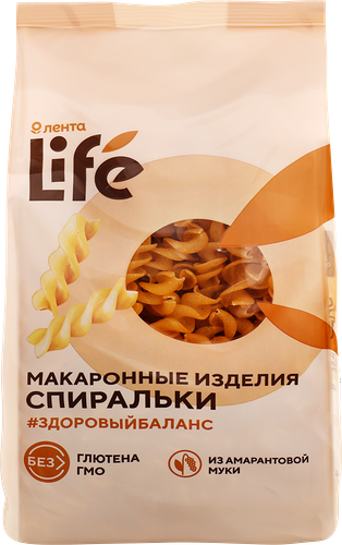 Макароны безглютеновые Лента Life Спиральки, из кукурузной муки с добавлением амарантовой, 250 г