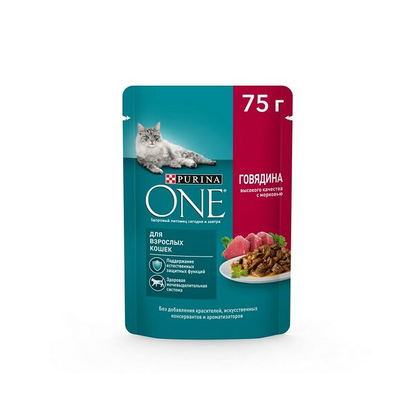 Влажный корм Purina ONE для взрослых кошек, с говядиной и морковью, Пауч, 75 г