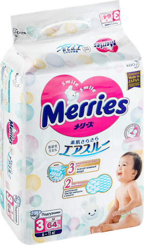 

Подгузники Merries для детей размер М 6-11 кг 64 шт.