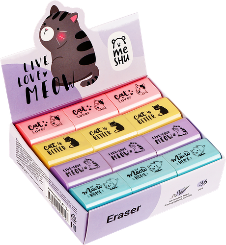 Ластик MESHU Live, Love, Meow, 3,7x2,4x1,1см, в ассортименте, 1шт