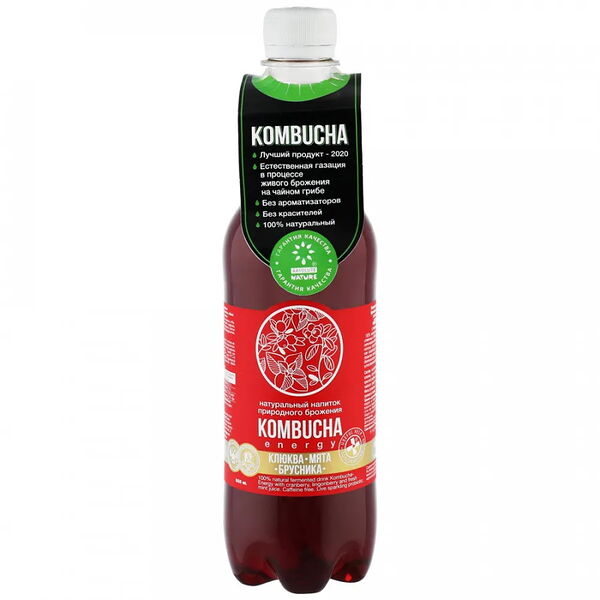 Напиток ABSOLUTE NATURE KOMBUCHA-ENERGY безалкогольный натурального брожения на чайном грибе с соком ягод клюквы, брусники и свежей мяты