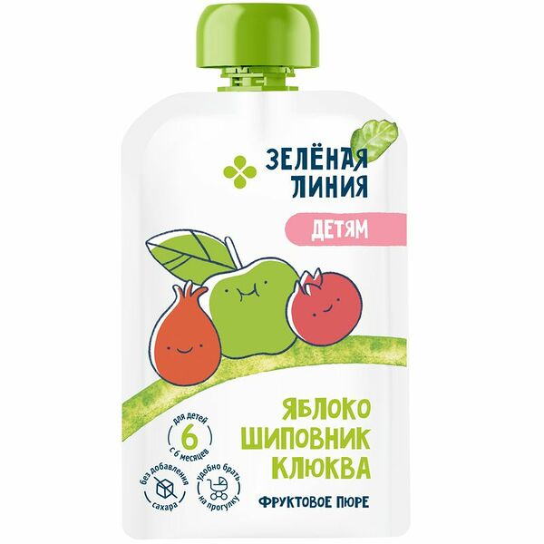 Пюре Зелёная Линия из яблок шиповника и клюквы с 6 месяцев