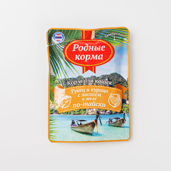 Влажный корм для кошек Родные корма Заморские Тунец и курица с лососем в желе по-тайски 70г