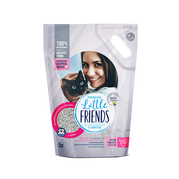Наполнитель для кошачьего туалета Little Friends комкующийся растительный Tofu Carbon 5л