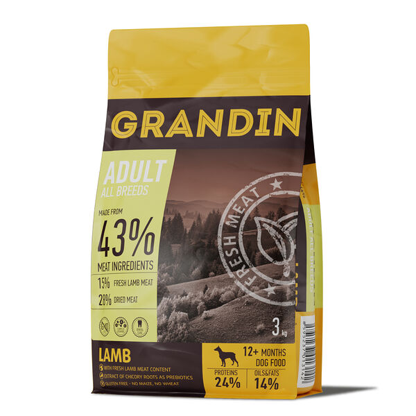 Сухой корм Grandin для взрослых собак всех пород, с ягненком,  3 кг