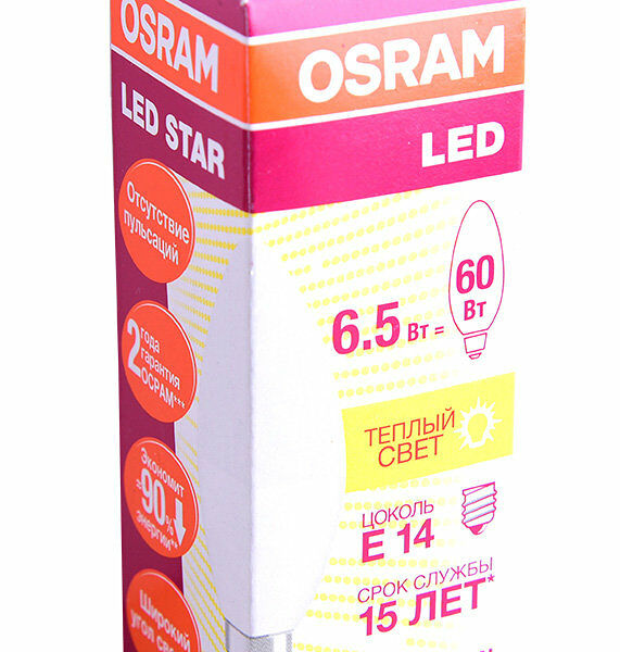 Лампа светодиодная 3000К E14 свеча, 6,5 Вт ТМ Osram (Осрам)