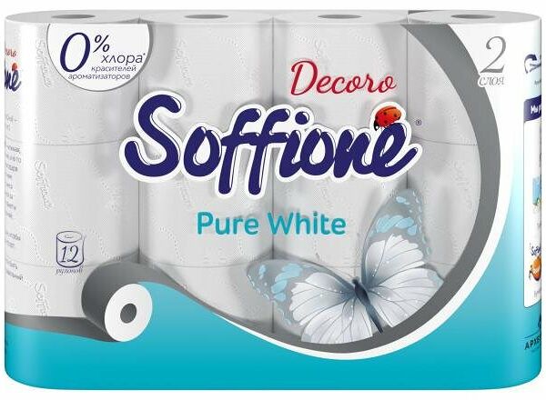 Туалетная бумага Pure White (Пьюр Уайт) 2 слоя, 12 рулонов ТМ Soffione (Софионе)