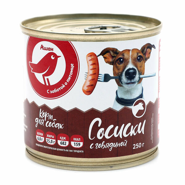 Консервированный корм для собак АШАН Красная птица сосиски с говядиной